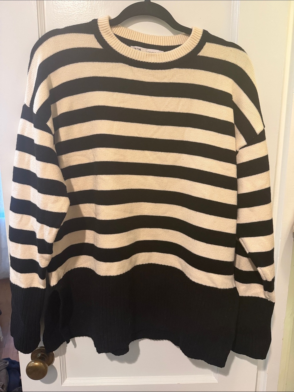 Zara Black and Cream Striped Crewneck Sweater